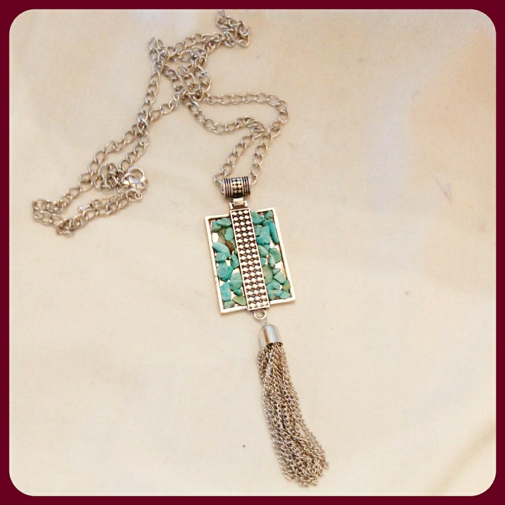 Turquoise Chip Bead Tassel Necklace